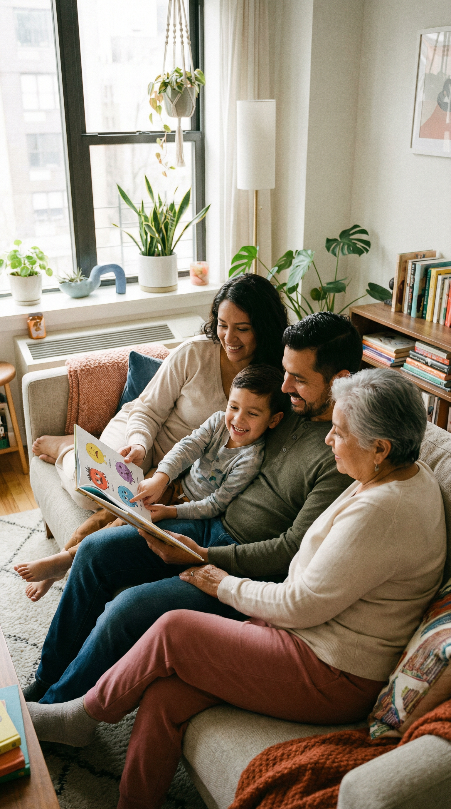 Familia leyendo cuentos de emociones